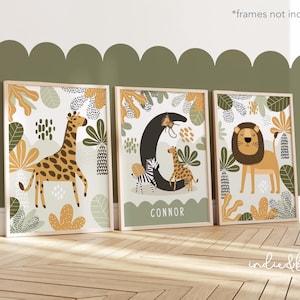 Juego de 3 láminas personalizadas de animales de safari, láminas para habitación infantil, láminas de jirafa y león, láminas de jungla, pósteres para dormitorio infantil, sala de juegos.