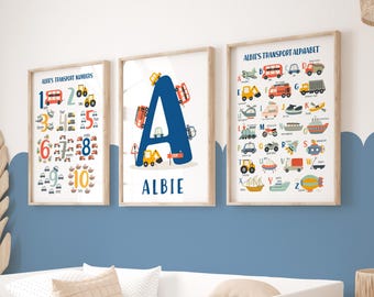 Set of 3 Personalised Transport Posters in Navy Blue, Vehicle Alphabet Print, Cars Chart Print, Blue Boy Bedroom Decor