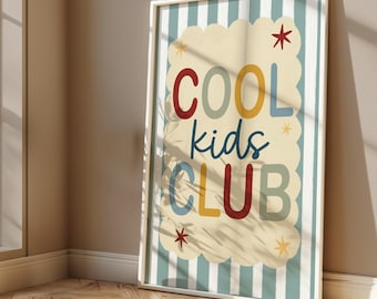 Cool kids club print in with stripey blue background, scalloped kids retro bedroom playroom, scandi nursery decor