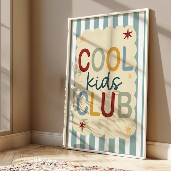 Cool kids club print in with stripey blue background, scalloped kids retro bedroom playroom, scandi nursery decor