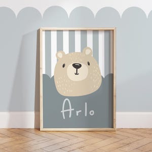 Personalised bear print in blue, cute bear poster, neutral kids playroom bedroom decor, boy nursery wall art bild 4