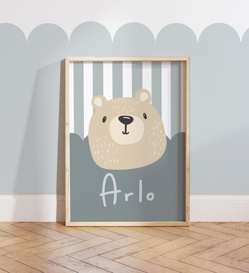 Personalised bear print in blue, cute bear poster, neutral kids playroom bedroom decor, boy nursery wall art bild 4
