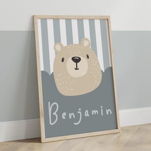 Personalised bear print in blue, cute bear poster, neutral kids playroom bedroom decor, boy nursery wall art bild 3