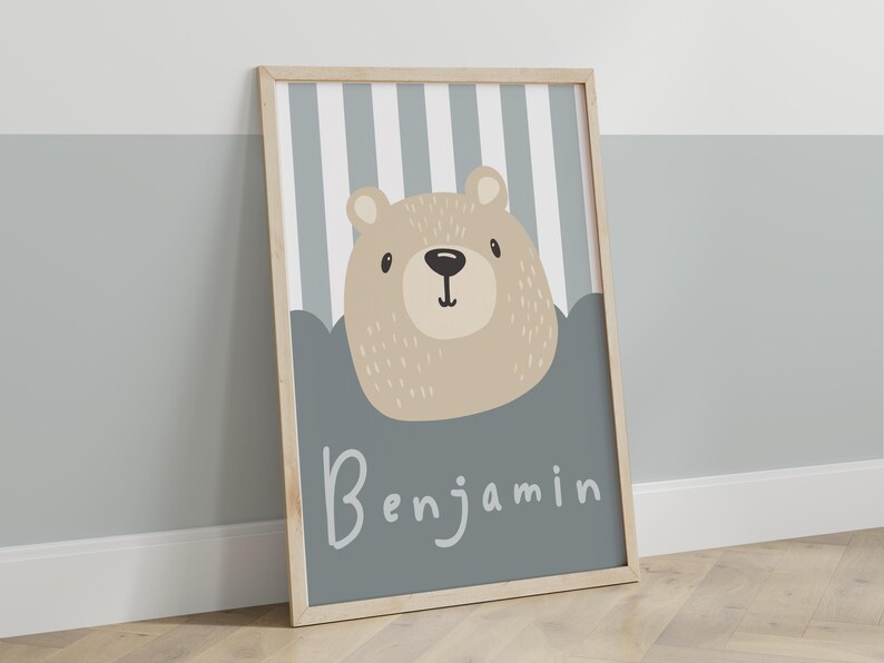 Personalised bear print in blue, cute bear poster, neutral kids playroom bedroom decor, boy nursery wall art bild 3