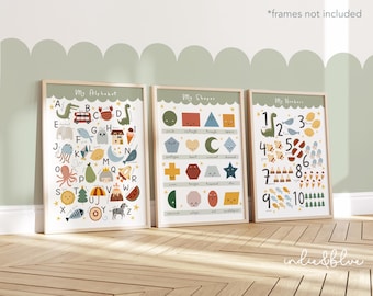 Set of 3 Educational Learning Prints, Shapes Print, Alphabet and Numbers Chart, Playroom Prints