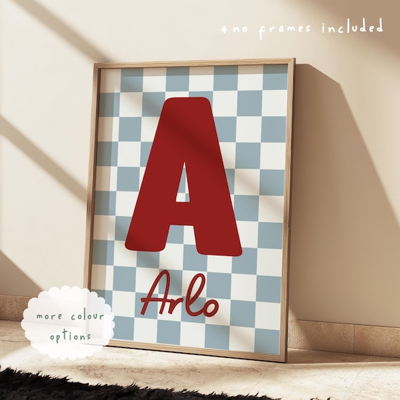 Personalised retro checkered initial print for boys, colourful children’s bedroom decor, boy bedroom wall art