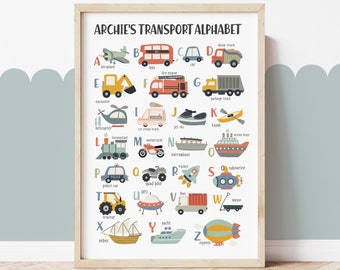 Personalised Scandi Vehicle Alphabet Print, Transport Print, Vehicles Educational Poster, Boy Nursery Decor, Scandi Playroom Prints