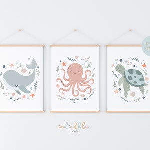 Set of 3 Unframed Sea Animals Prints, Ocean Nursery Prints, Under the Ocean Prints, Whale Print, Scandi Nursery Decor, Playroom Prints image 2