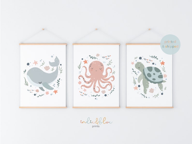 Set of 3 Unframed Sea Animals Prints, Ocean Nursery Prints, Under the Ocean Prints, Whale Print, Scandi Nursery Decor, Playroom Prints image 2