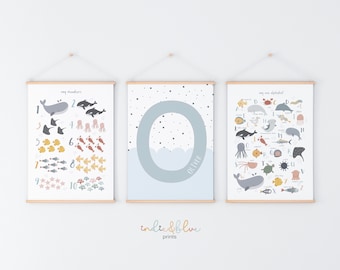 Personalised Sea Animals Print Set, Boy Ocean Nursery Print Set, Sea Animals Alphabet and Numbers Chart Print, Under the Ocean Prints