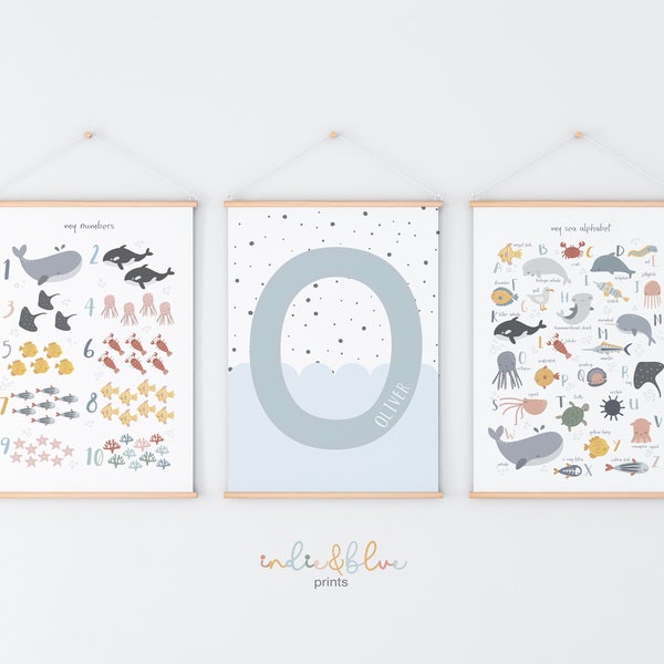 Personalised Sea Animals Print Set, Boy Ocean Nursery Print Set, Sea Animals Alphabet and Numbers Chart Print, Under the Ocean Prints