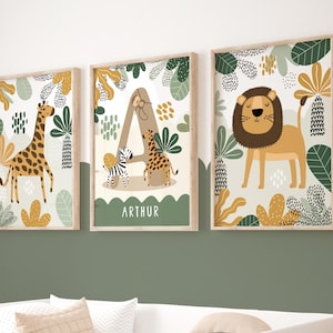 Conjunto de 3 pósteres personalizados de animales de safari, láminas de safari para habitación infantil (jirafa y león, estampado de jungla), dormitorio infantil y sala de juegos.