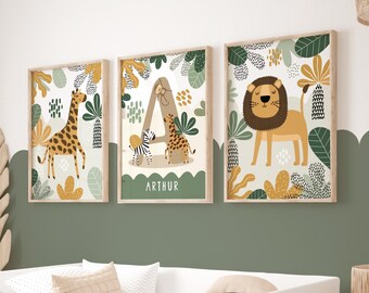 Set of 3, Personalised Safari Animal Poster Bundle, Safari Nursery Prints, Giraffe and Lion, Jungle Print, Boys Bedroom, Playroom
