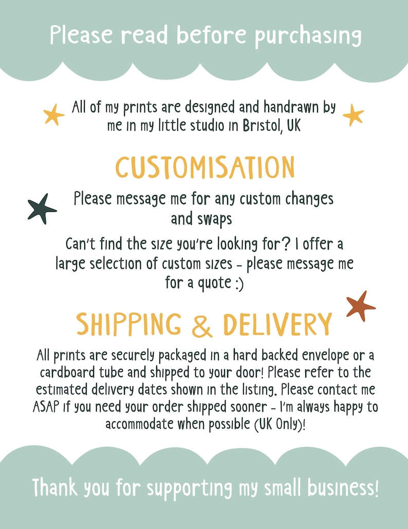 May include: A light green and white informational print with text that reads "Please read before purchasing". The print includes details about customization and the design studio in Bristol, UK.
