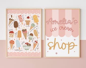 Ice cream shop sign, personalised set of 2 girl prints, girl playroom, imaginative play, role play, gelato poster, ice cream stand
