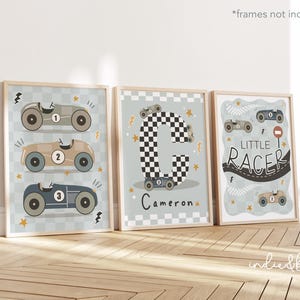 Set of 3 personalised race car name prints in grey blue, retro checkered flag initial name print for boy bedroom, little racer poster