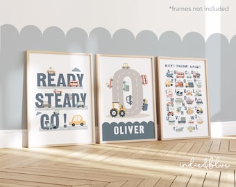 Personalised Set of 3 Transport Posters in blue, Vehicle Prints, Cars Boy Bedroom Decor, Playroom Prints