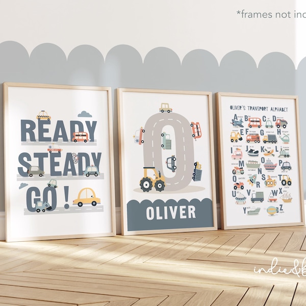 Juego personalizado de 3 pósteres de transporte en azul, láminas de vehículos, decoración de dormitorios infantiles de coches, láminas para salas de juegos.