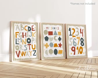 Set of 3 Neutral Educational Nursery Prints, Colourful Shapes Print, Alphabet Chart, Numbers Chart, Bright Children’s Playroom Prints