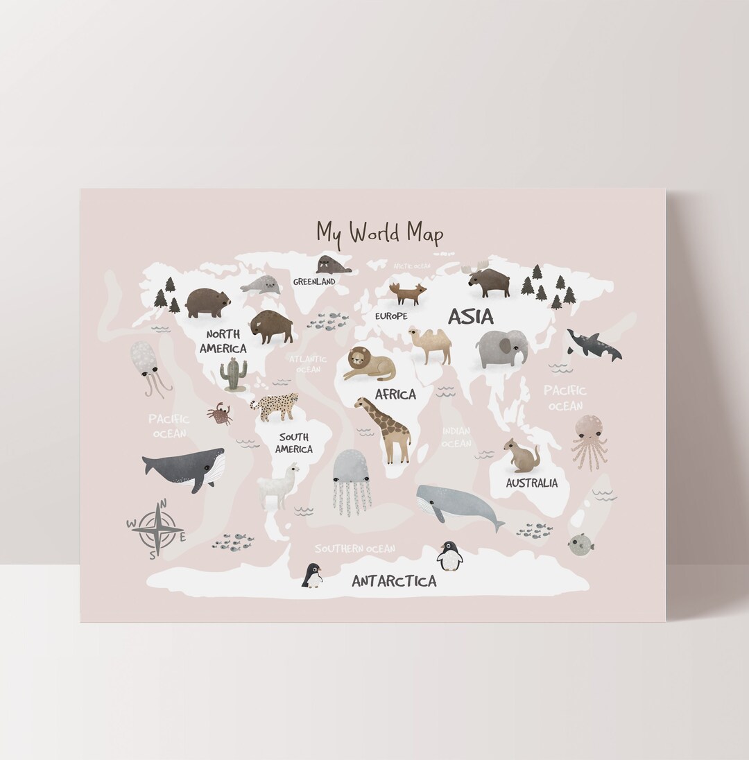 World Map Print, Animal World Map, Girl Nursery Decor, Kids Poster ...