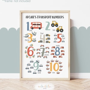 Personalisierte Scandi Cars Zahlen Druck, Transport Druck, Fahrzeuge Lernposter, Jungen Kinderzimmer Dekor, Scandi Spielzimmer Drucke