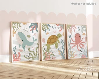 Set of 3 sea animals prints in pastel, ocean nursery decor, under the sea prints, whale octopus turtle prints