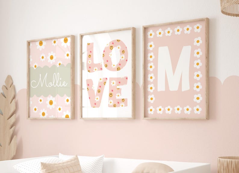 Set of 3 Personalised Flower Prints in Pastel, Wildflower Name Print