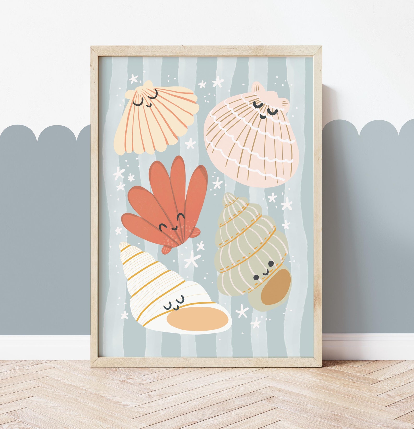 Shell Printing Eyfs Sea Shells Print in Blue, UNFRAMED Cute Sea Nursery Print, Girl Sea ...