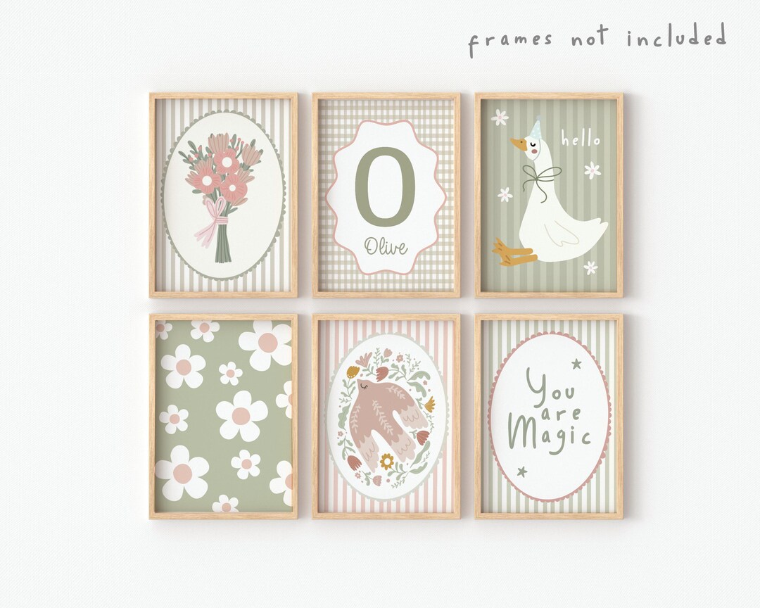 Set of 6 Personalised Girls Vintage Style Wildflower Prints in Dusty ...