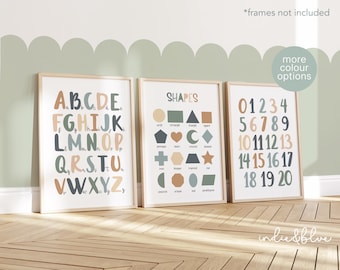 Set of 3 Educational Nursery Prints, Shapes Print, Alphabet Chart, Numbers Chart, Scandi Nursery Decor, Playroom Prints