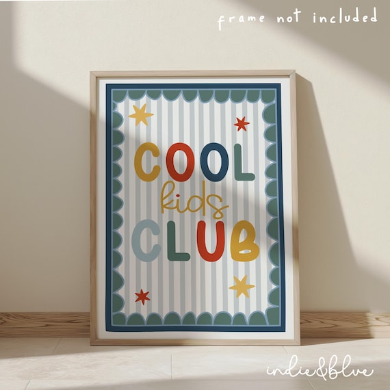 Cool kids club print in bright colours, scalloped kids retro bedroom playroom, scandi nursery decor