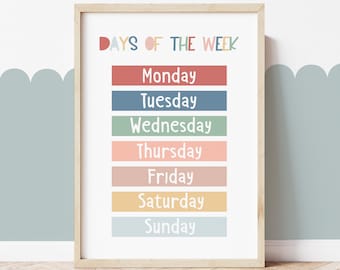 Rainbow Days of The Week Chart, Unframed Days Print, Classroom Decor, Educational Print, Montessori Playroom Prints, Scandi Kids Art