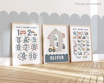 Personalised Set of 3 Transport Posters in Blue, Vehicle Alphabet and Numbers Print, Cars Boy Bedroom Decor, Playroom Prints