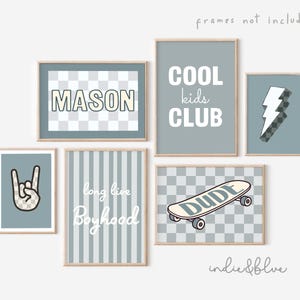 Personalised gallery wall set of 6 prints, blue and beige toddler boy nursery bedroom prints, boyhood, racing, cool prints for boys