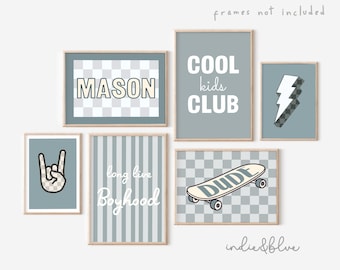 Personalised gallery wall set of 6 prints, blue and beige toddler boy nursery bedroom prints, boyhood, racing, cool prints for boys