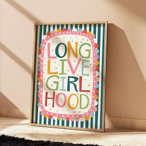 Long live girlhood in bright colours, quote print with scalloped border, girl nursery bedroom decor, teen wall art