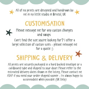 May include: A light green and white print with text that reads "Please read before purchasing" and details about the product, customisation, and shipping. The text is in a handwritten style and includes UK information.