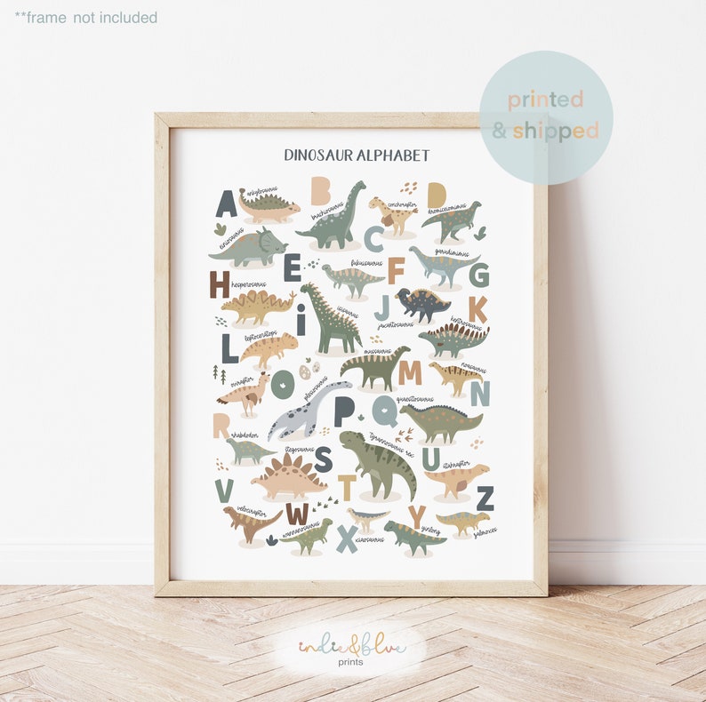 May include: A colorful dinosaur alphabet chart with illustrations of each dinosaur and their names. The chart is printed on white paper and framed in a light wood frame.