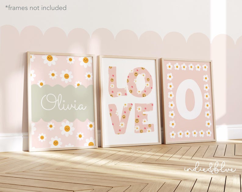 Set of 3 Personalised Flower Prints in Pastel, Wildflower Name Print