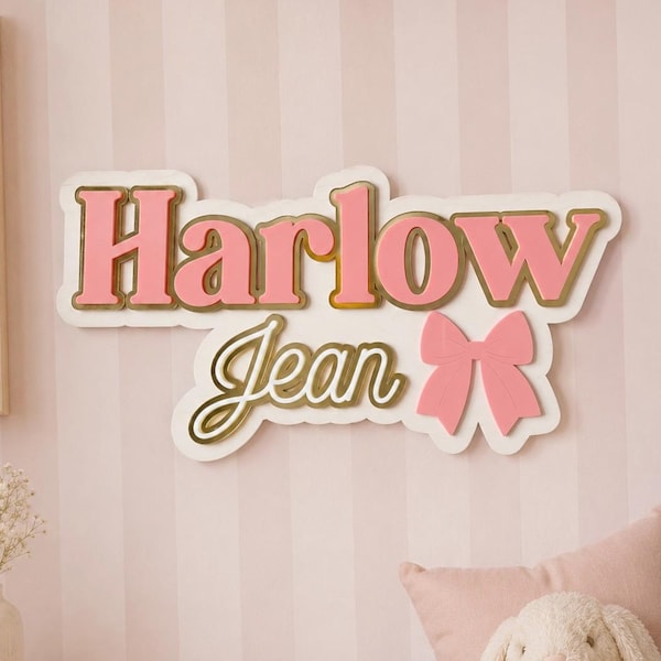 Custom Acrylic and Wood Name Sign | Nursery Decor | Hospital Name Announcement | Personalized Bedroom Sign | Pink Bow Theme