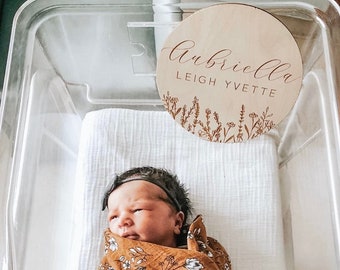 Baby Name Sign / Engraved Wooden Name Sign / Name Announcement Plaque / Wildflower Nursery Decor / Newborn Photo Prop / Fresh 48 Name Sign