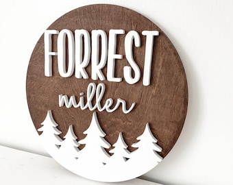Wooden Name Sign Mountains | 3D Name Sign Wood | Mountain Nursery Decor | Mountain Name Sign | 3D Round Sign | PNW Nursery | 3D Wood Round