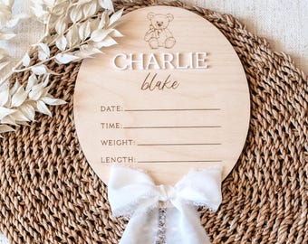 Birth Stats Sign with Bow / Wooden Name Announcement Sign / Acrylic Name Gift / Fresh 48 Name Sign / Hospital Baby Stat / Newborn Photo Prop