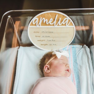 Birth Announcement Sign / Birth Stats Plaque / Engraved Wooden Name Sign / Hospital Fresh 48 Sign / Newborn Photo Prop / Baby Shower Gift image 1