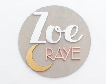 Wooden Name Sign | 3D Name Sign Wood | Personalized Round Plaque | Nursery Wall Art | Baby Shower Gift | Moon And Stars Nursery Decor |