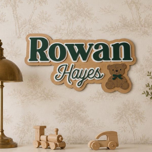 Letrero personalizado de acrílico y madera / Decoración para guardería / Placa infantil / Letrero personalizado para dormitorio / Tema de osito de peluche / Anuncio de nacimiento