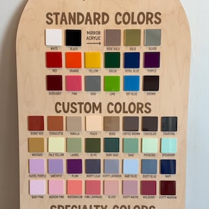Pu&ograve; includere: Tabella colori acrilici in legno di Mod Wood Co. con colori standard, personalizzati e speciali. Include bianco, nero, rosso, arancione, giallo, verde, blu, viola e altro. La tabella &egrave; una guida utile per la scelta dei colori acrilici.