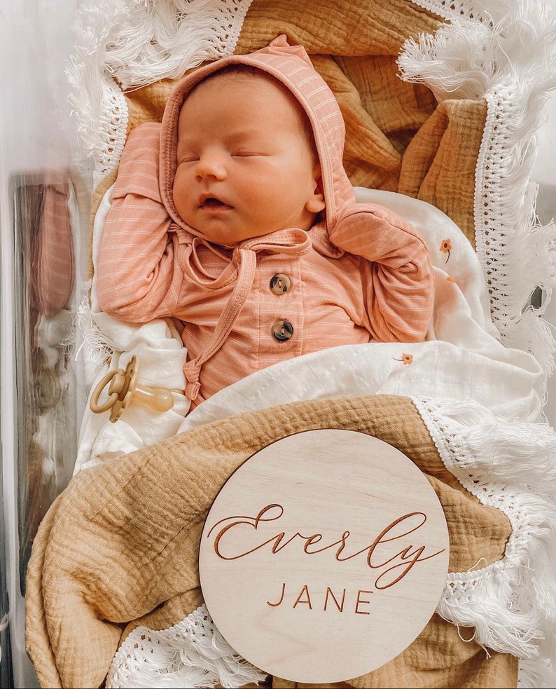 Birth Announcement Sign / Engraved Wooden Name Sign / Name Announcement Plaque / Wooden Nursery Decor / Newborn Photo Prop /Baby Shower Gift image 2