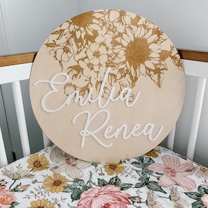 Baby Name Sign / Engraved Wood Floral Name Sign / Name Announcement Plaque / SUnflower Nursery Decor / Newborn Photo Prop / Baby Shower Gift
