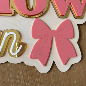 Pu&ograve; includere: Un cartello in legno con la scritta "BOW" in lettere rosa con bordi dorati. Un fiocco rosa &egrave; posizionato sotto le lettere. Il cartello ha un bordo smerlato ed &egrave; su una superficie di legno.